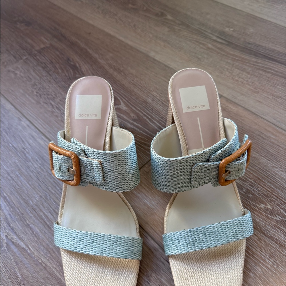 Dolce Vita Posy Mint Raffia Slip On Squared Toe Buckle Heels - Picture 4 of 8
